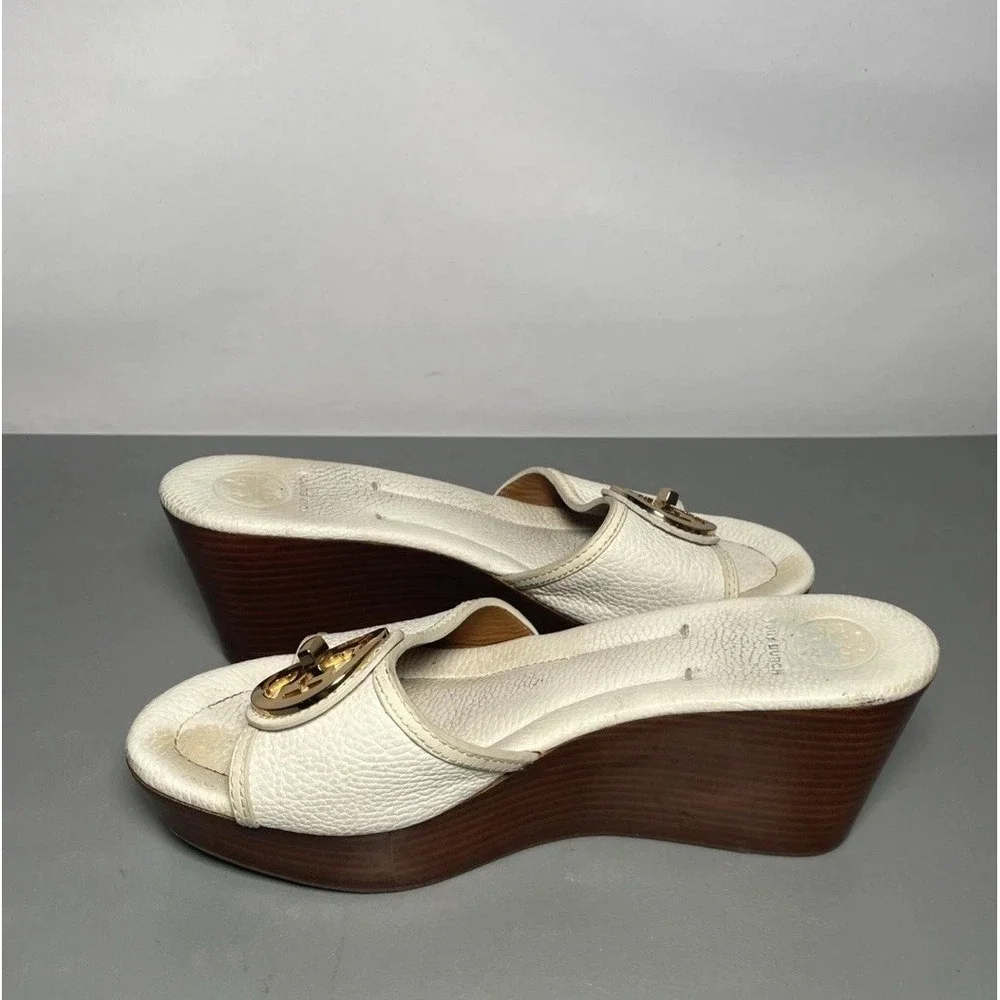 Tory Burch Women's White Leather Slide Wedge Sandals Gold Logo Slip-On US 10.5M